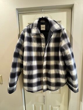 Sandro Plaid Padded Jacket Oversized Black Gray Coat Snap Front Size L